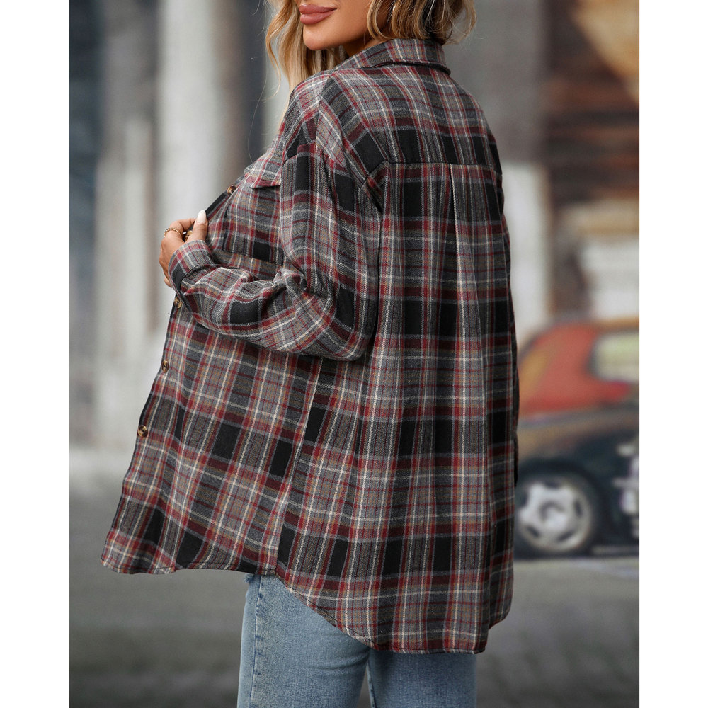 MAGIMODAC Ladies Tartan Shirts Checked Shirt Button Down Plaid Blouses Long Sleeve Check Blouse Retro Tunic Tops with Pockets Regular Fit Casual Boyfriend