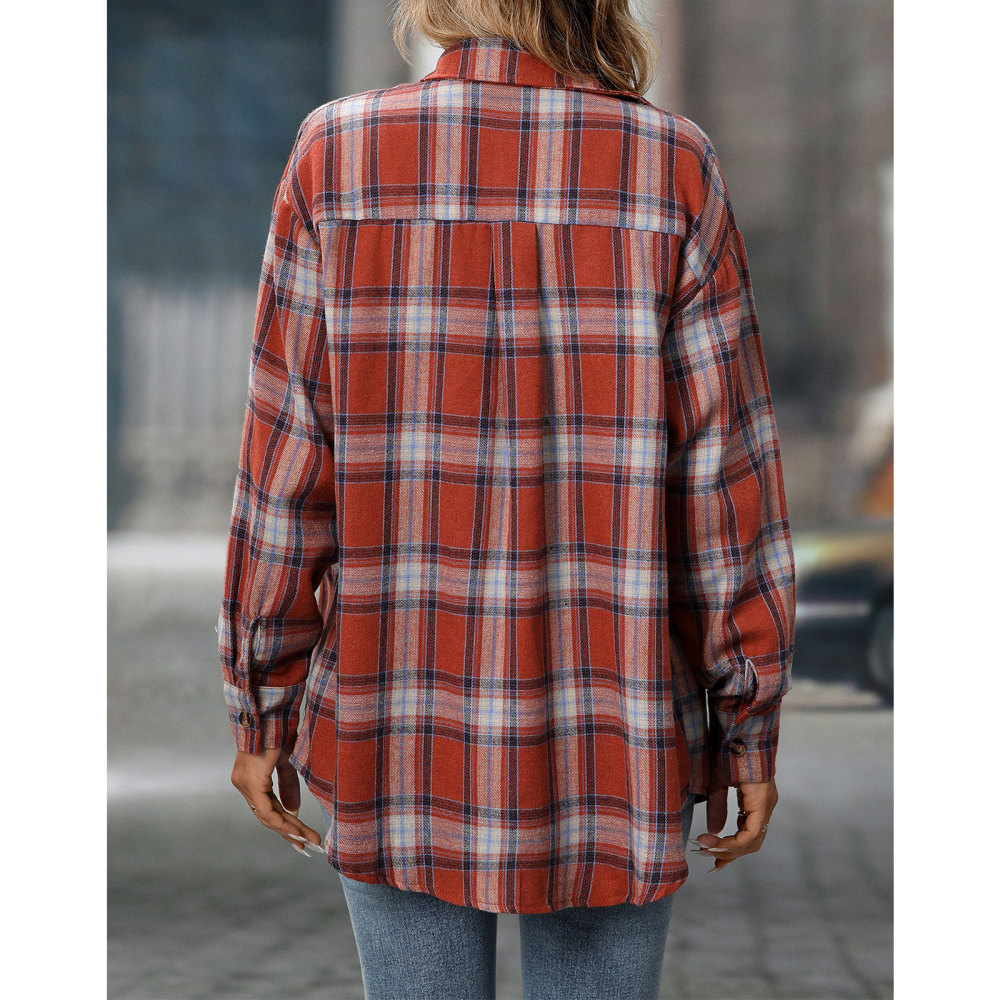 MAGIMODAC Ladies Tartan Shirts Checked Shirt Button Down Plaid Blouses Long Sleeve Check Blouse Retro Tunic Tops with Pockets Regular Fit Casual Boyfriend