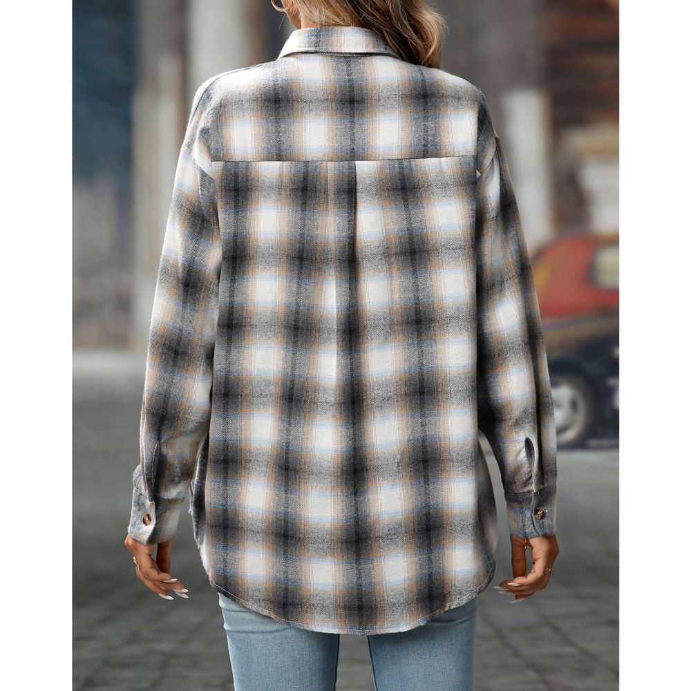 MAGIMODAC Ladies Tartan Shirts Checked Shirt Button Down Plaid Blouses Long Sleeve Check Blouse Retro Tunic Tops with Pockets Regular Fit Casual Boyfriend