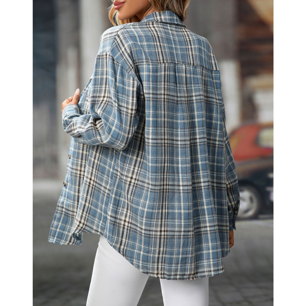 MAGIMODAC Ladies Tartan Shirts Checked Shirt Button Down Plaid Blouses Long Sleeve Check Blouse Retro Tunic Tops with Pockets Regular Fit Casual Boyfriend