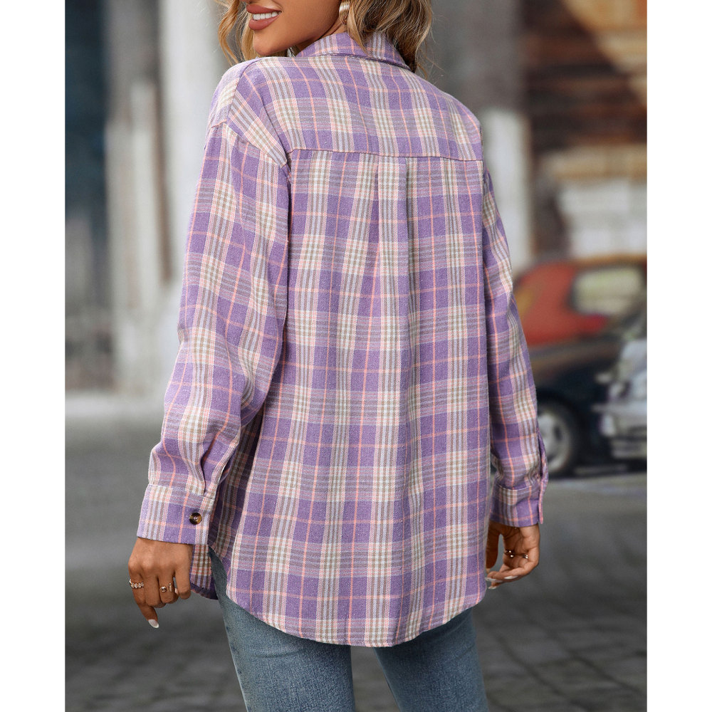 MAGIMODAC Ladies Tartan Shirts Checked Shirt Button Down Plaid Blouses Long Sleeve Check Blouse Retro Tunic Tops with Pockets Regular Fit Casual Boyfriend