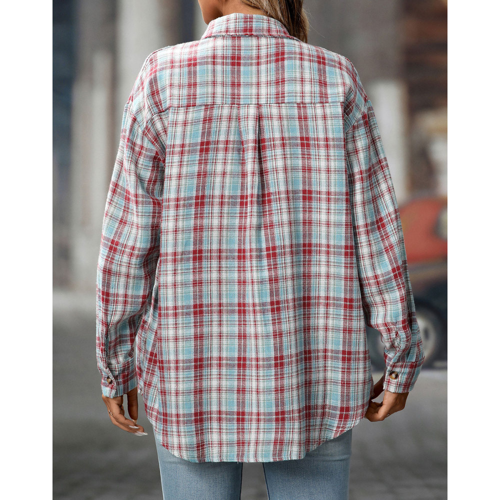 MAGIMODAC Ladies Tartan Shirts Checked Shirt Button Down Plaid Blouses Long Sleeve Check Blouse Retro Tunic Tops with Pockets Regular Fit Casual Boyfriend