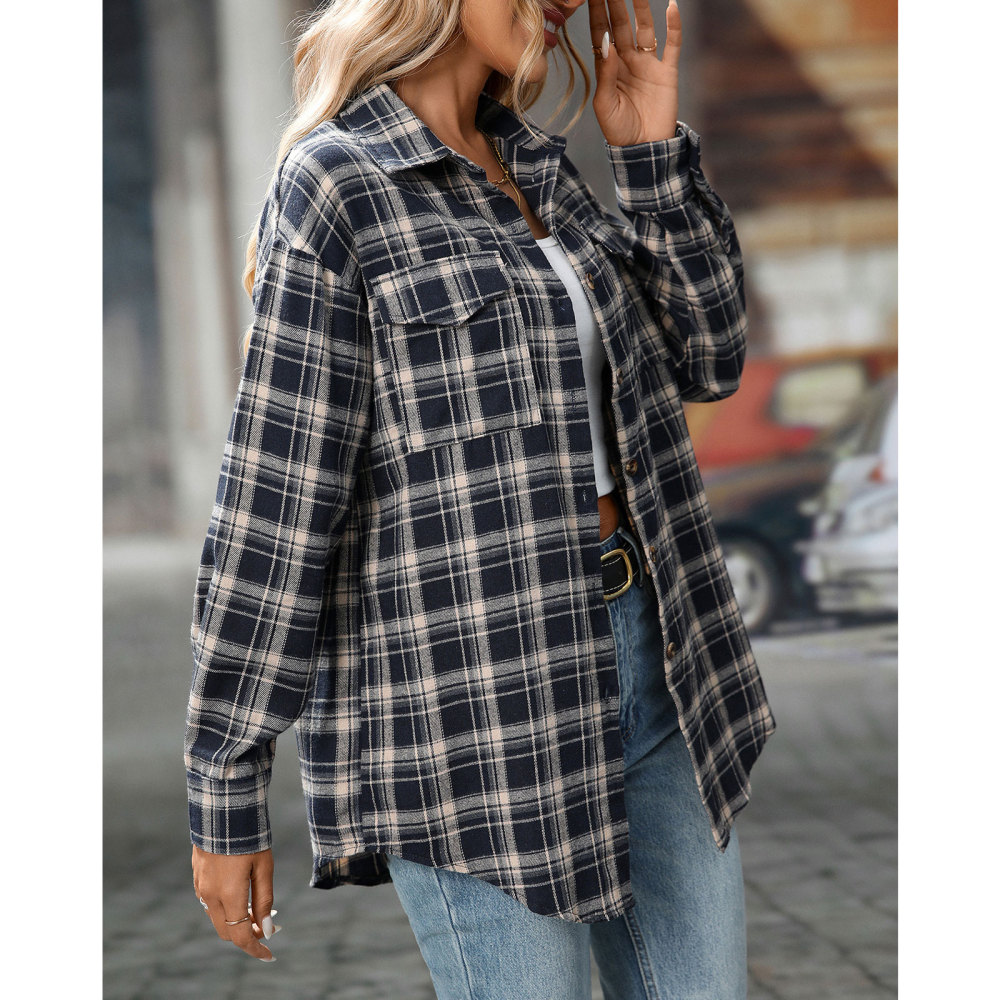 MAGIMODAC Ladies Tartan Shirts Checked Shirt Button Down Plaid Blouses Long Sleeve Check Blouse Retro Tunic Tops with Pockets Regular Fit Casual Boyfriend
