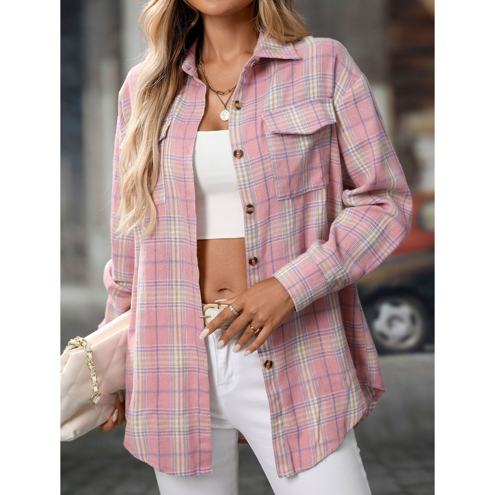 MAGIMODAC Ladies Tartan Shirts Checked Shirt Button Down Plaid Blouses Long Sleeve Check Blouse Retro Tunic Tops with Pockets Regular Fit Casual Boyfriend
