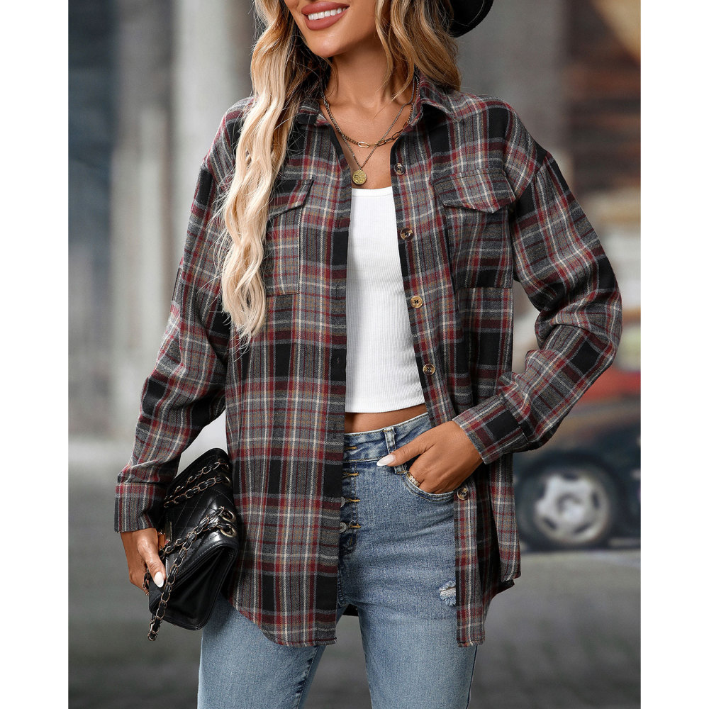 MAGIMODAC Ladies Tartan Shirts Checked Shirt Button Down Plaid Blouses Long Sleeve Check Blouse Retro Tunic Tops with Pockets Regular Fit Casual Boyfriend