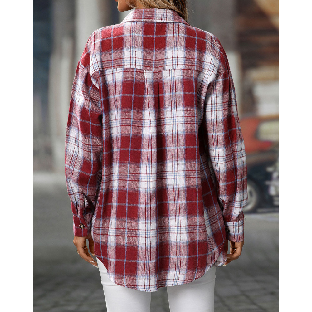 MAGIMODAC Ladies Tartan Shirts Checked Shirt Button Down Plaid Blouses Long Sleeve Check Blouse Retro Tunic Tops with Pockets Regular Fit Casual Boyfriend