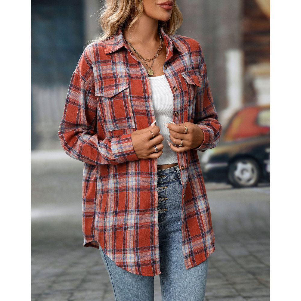 MAGIMODAC Ladies Tartan Shirts Checked Shirt Button Down Plaid Blouses Long Sleeve Check Blouse Retro Tunic Tops with Pockets Regular Fit Casual Boyfriend