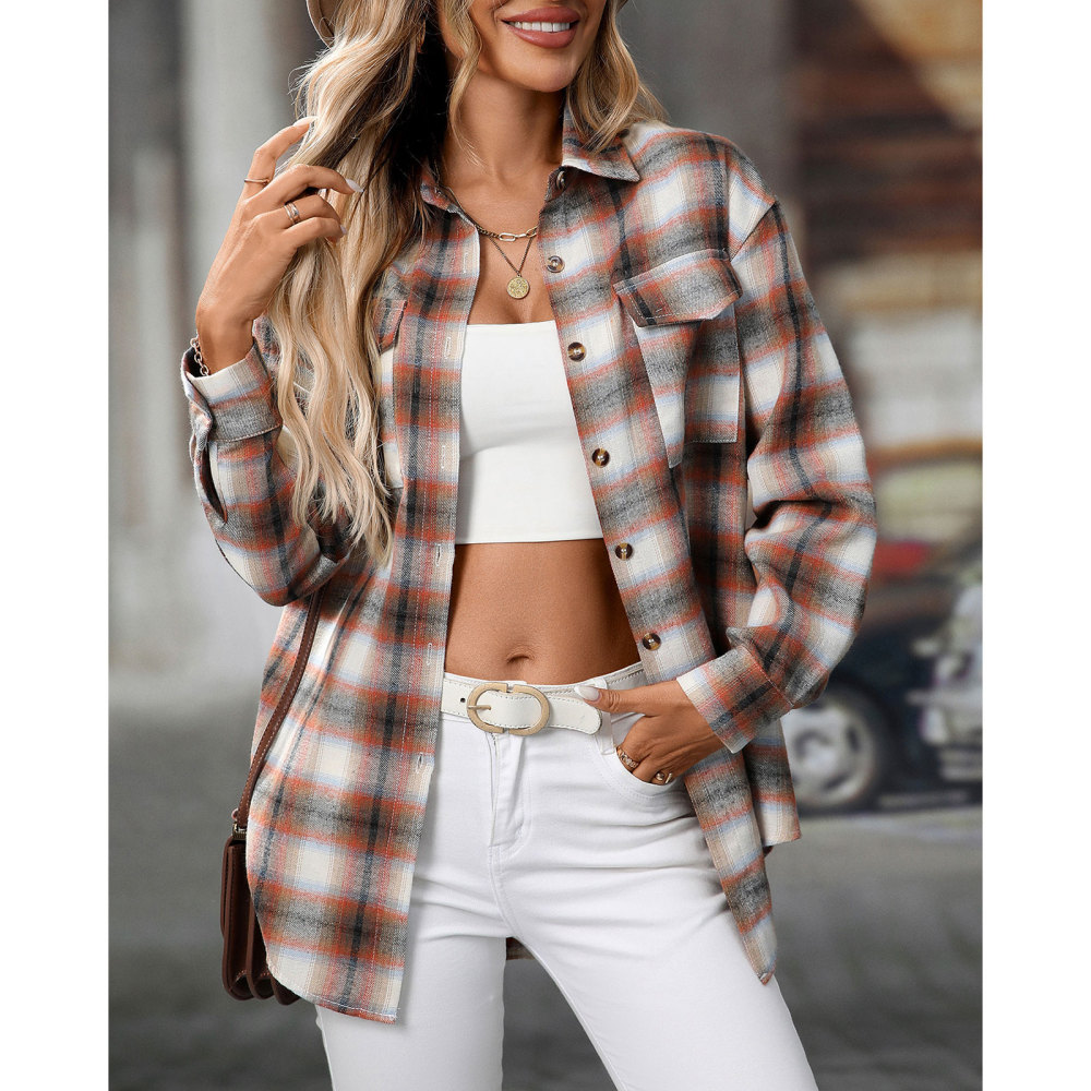 MAGIMODAC Ladies Tartan Shirts Checked Shirt Button Down Plaid Blouses Long Sleeve Check Blouse Retro Tunic Tops with Pockets Regular Fit Casual Boyfriend