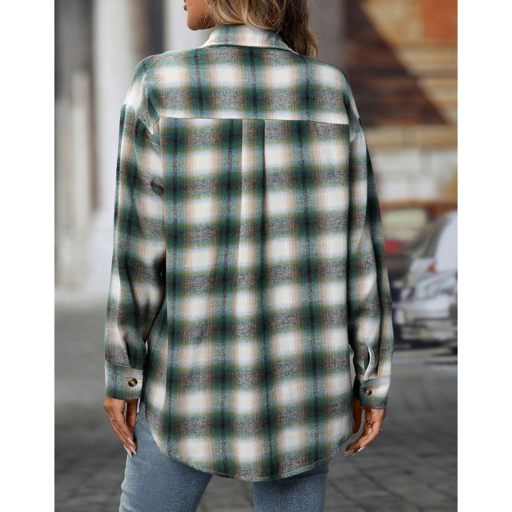 MAGIMODAC Ladies Tartan Shirts Checked Shirt Button Down Plaid Blouses Long Sleeve Check Blouse Retro Tunic Tops with Pockets Regular Fit Casual Boyfriend