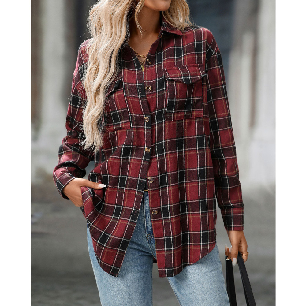MAGIMODAC Ladies Tartan Shirts Checked Shirt Button Down Plaid Blouses Long Sleeve Check Blouse Retro Tunic Tops with Pockets Regular Fit Casual Boyfriend