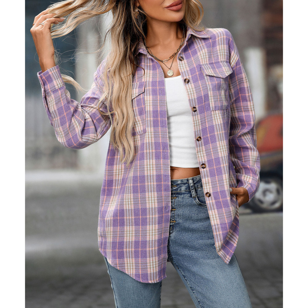 MAGIMODAC Ladies Tartan Shirts Checked Shirt Button Down Plaid Blouses Long Sleeve Check Blouse Retro Tunic Tops with Pockets Regular Fit Casual Boyfriend