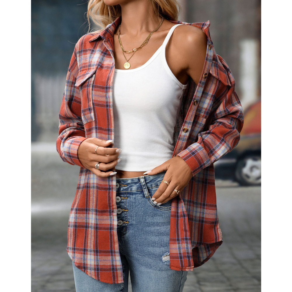 MAGIMODAC Ladies Tartan Shirts Checked Shirt Button Down Plaid Blouses Long Sleeve Check Blouse Retro Tunic Tops with Pockets Regular Fit Casual Boyfriend