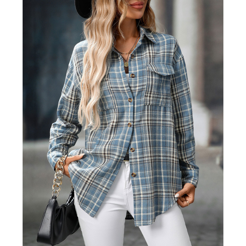 MAGIMODAC Ladies Tartan Shirts Checked Shirt Button Down Plaid Blouses Long Sleeve Check Blouse Retro Tunic Tops with Pockets Regular Fit Casual Boyfriend