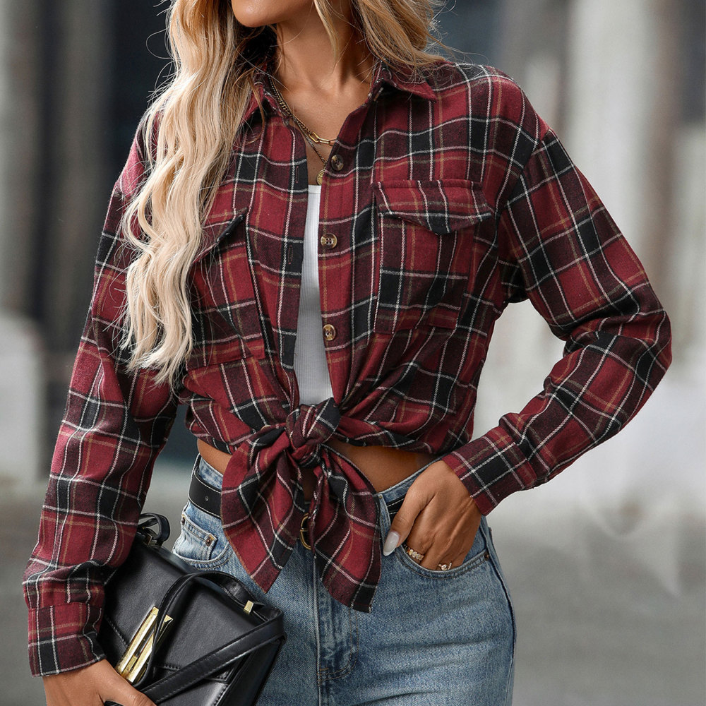 MAGIMODAC Ladies Tartan Shirts Checked Shirt Button Down Plaid Blouses Long Sleeve Check Blouse Retro Tunic Tops with Pockets Regular Fit Casual Boyfriend
