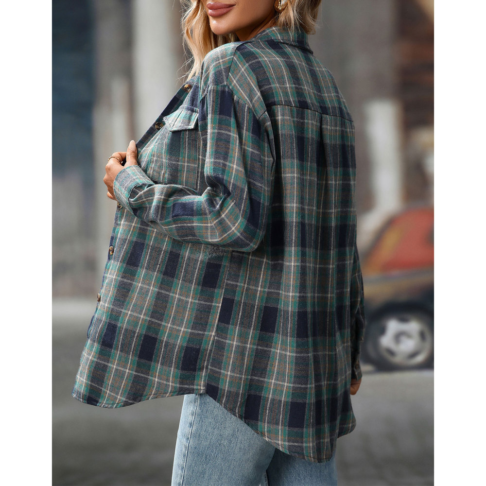 MAGIMODAC Ladies Tartan Shirts Checked Shirt Button Down Plaid Blouses Long Sleeve Check Blouse Retro Tunic Tops with Pockets Regular Fit Casual Boyfriend