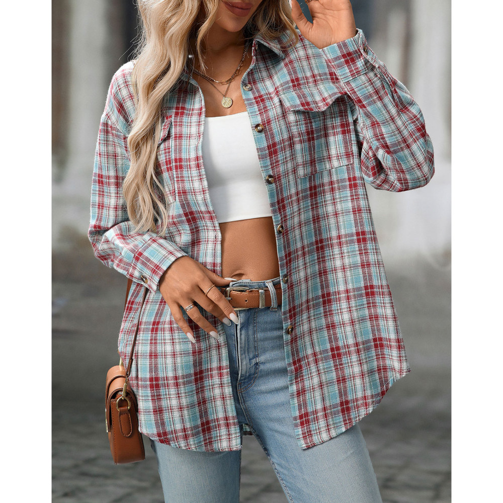 MAGIMODAC Ladies Tartan Shirts Checked Shirt Button Down Plaid Blouses Long Sleeve Check Blouse Retro Tunic Tops with Pockets Regular Fit Casual Boyfriend