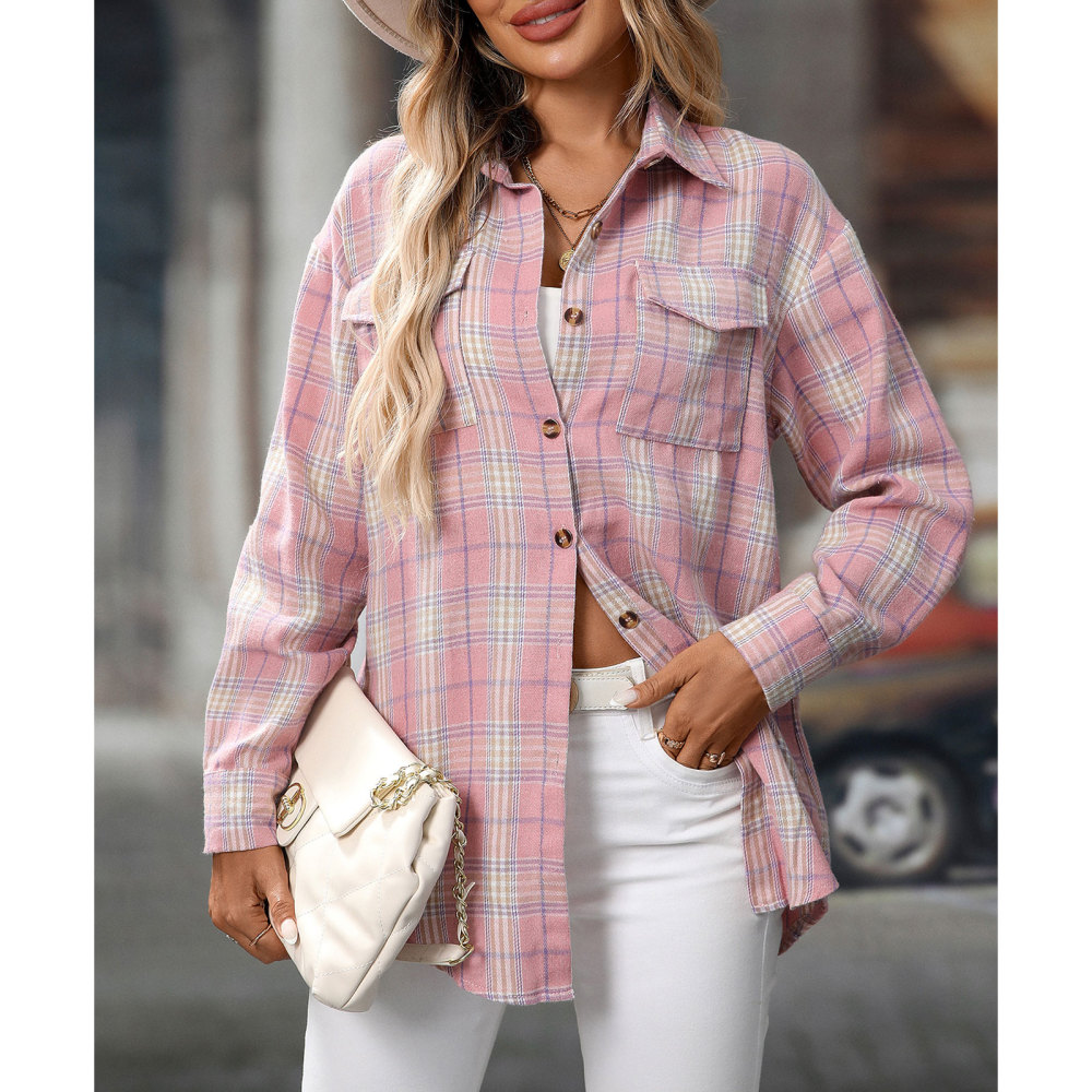 MAGIMODAC Ladies Tartan Shirts Checked Shirt Button Down Plaid Blouses Long Sleeve Check Blouse Retro Tunic Tops with Pockets Regular Fit Casual Boyfriend