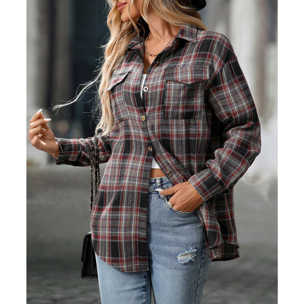 MAGIMODAC Ladies Tartan Shirts Checked Shirt Button Down Plaid Blouses Long Sleeve Check Blouse Retro Tunic Tops with Pockets Regular Fit Casual Boyfriend