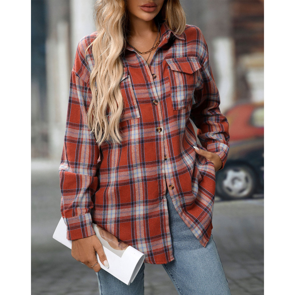 MAGIMODAC Ladies Tartan Shirts Checked Shirt Button Down Plaid Blouses Long Sleeve Check Blouse Retro Tunic Tops with Pockets Regular Fit Casual Boyfriend