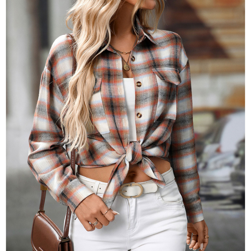 MAGIMODAC Ladies Tartan Shirts Checked Shirt Button Down Plaid Blouses Long Sleeve Check Blouse Retro Tunic Tops with Pockets Regular Fit Casual Boyfriend