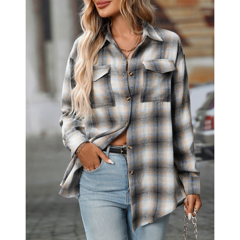 MAGIMODAC Ladies Tartan Shirts Checked Shirt Button Down Plaid Blouses Long Sleeve Check Blouse Retro Tunic Tops with Pockets Regular Fit Casual Boyfriend