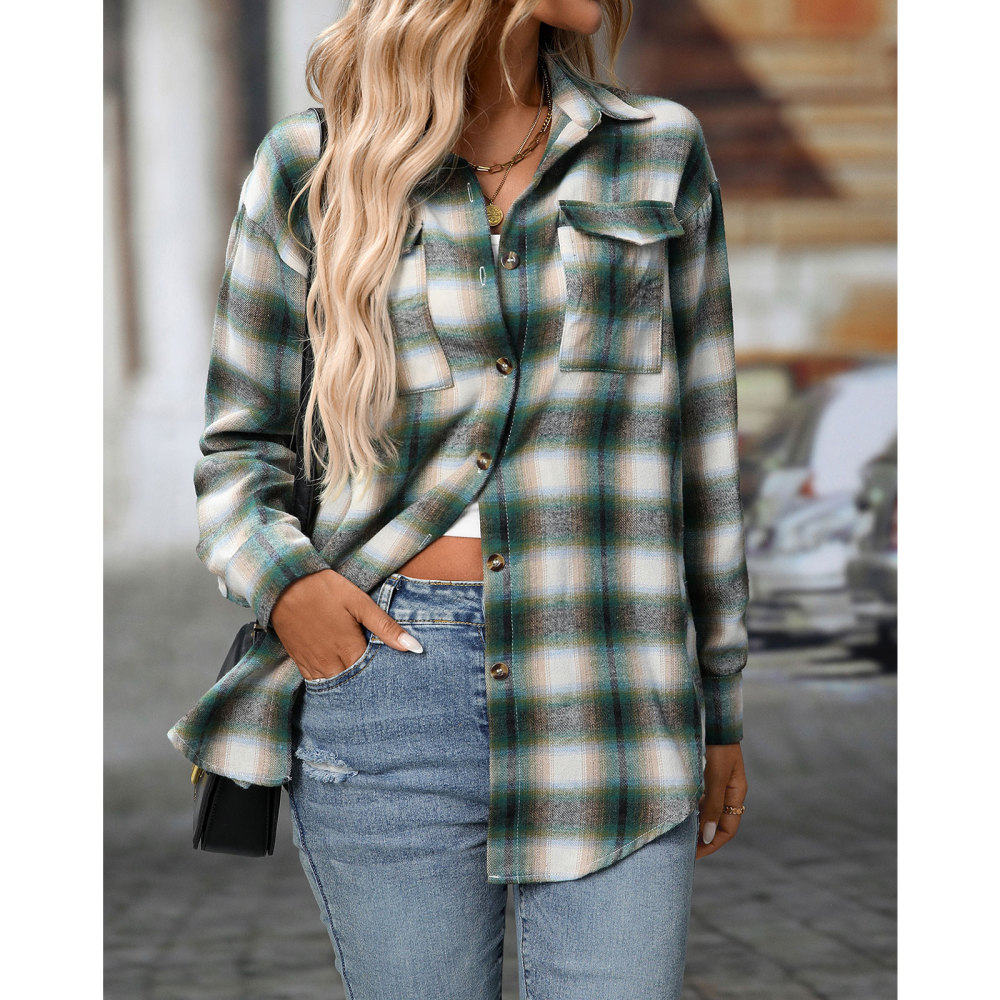 MAGIMODAC Ladies Tartan Shirts Checked Shirt Button Down Plaid Blouses Long Sleeve Check Blouse Retro Tunic Tops with Pockets Regular Fit Casual Boyfriend