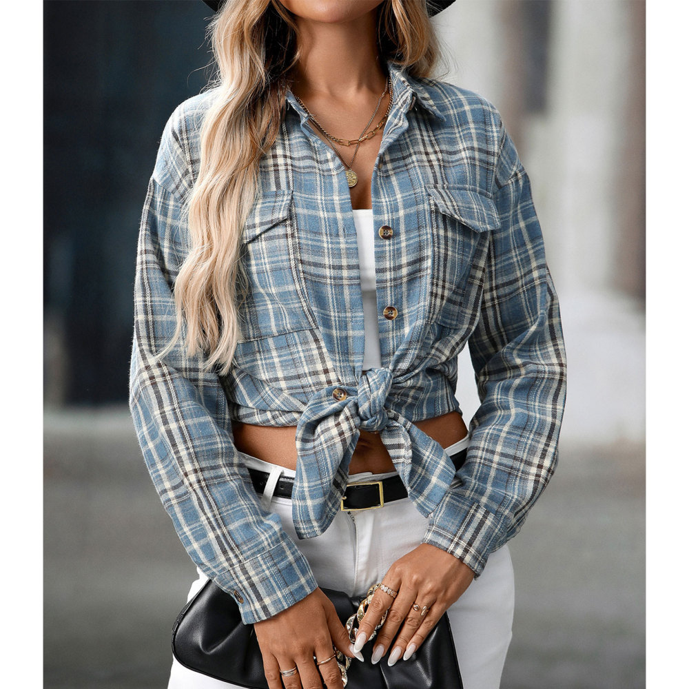 MAGIMODAC Ladies Tartan Shirts Checked Shirt Button Down Plaid Blouses Long Sleeve Check Blouse Retro Tunic Tops with Pockets Regular Fit Casual Boyfriend
