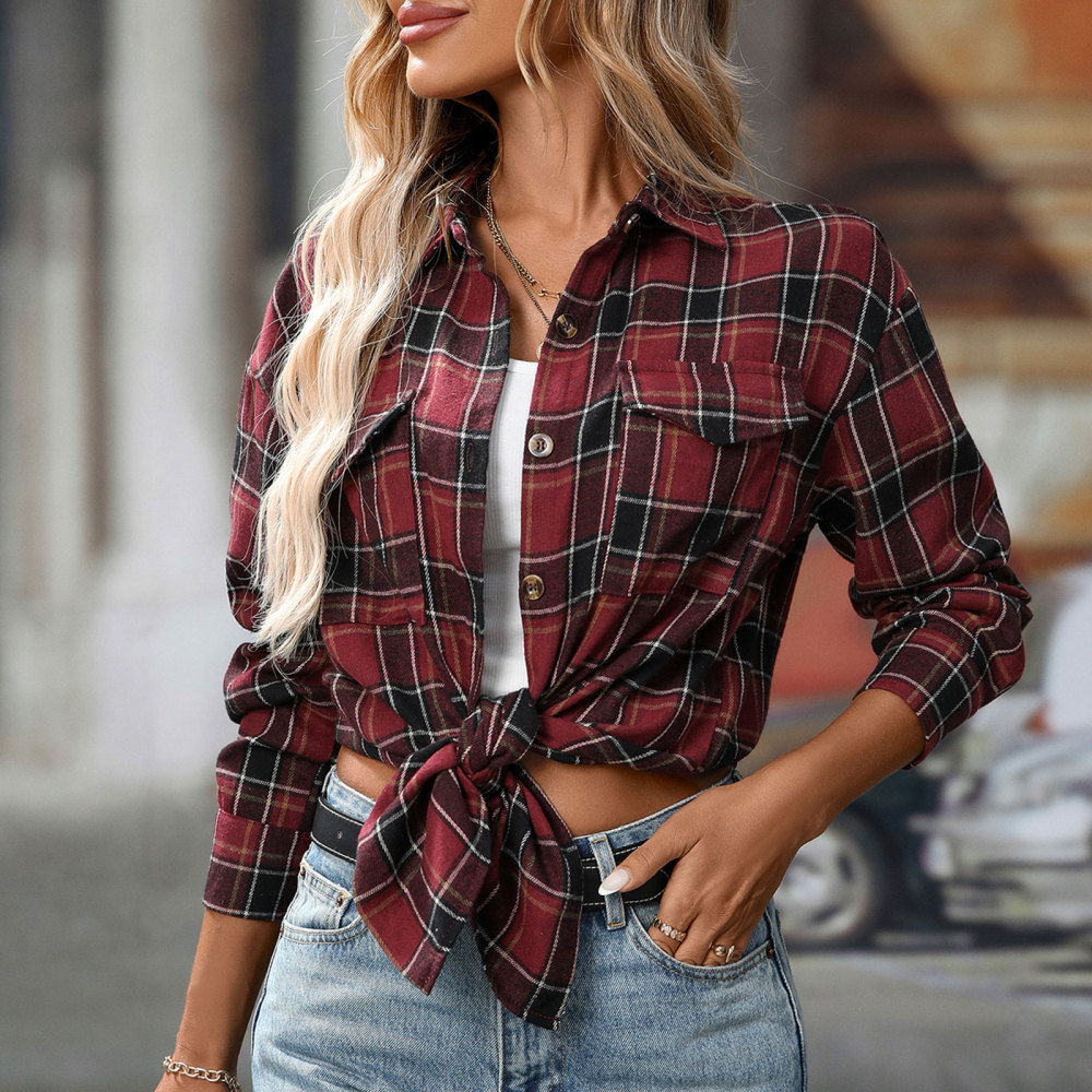 MAGIMODAC Ladies Tartan Shirts Checked Shirt Button Down Plaid Blouses Long Sleeve Check Blouse Retro Tunic Tops with Pockets Regular Fit Casual Boyfriend