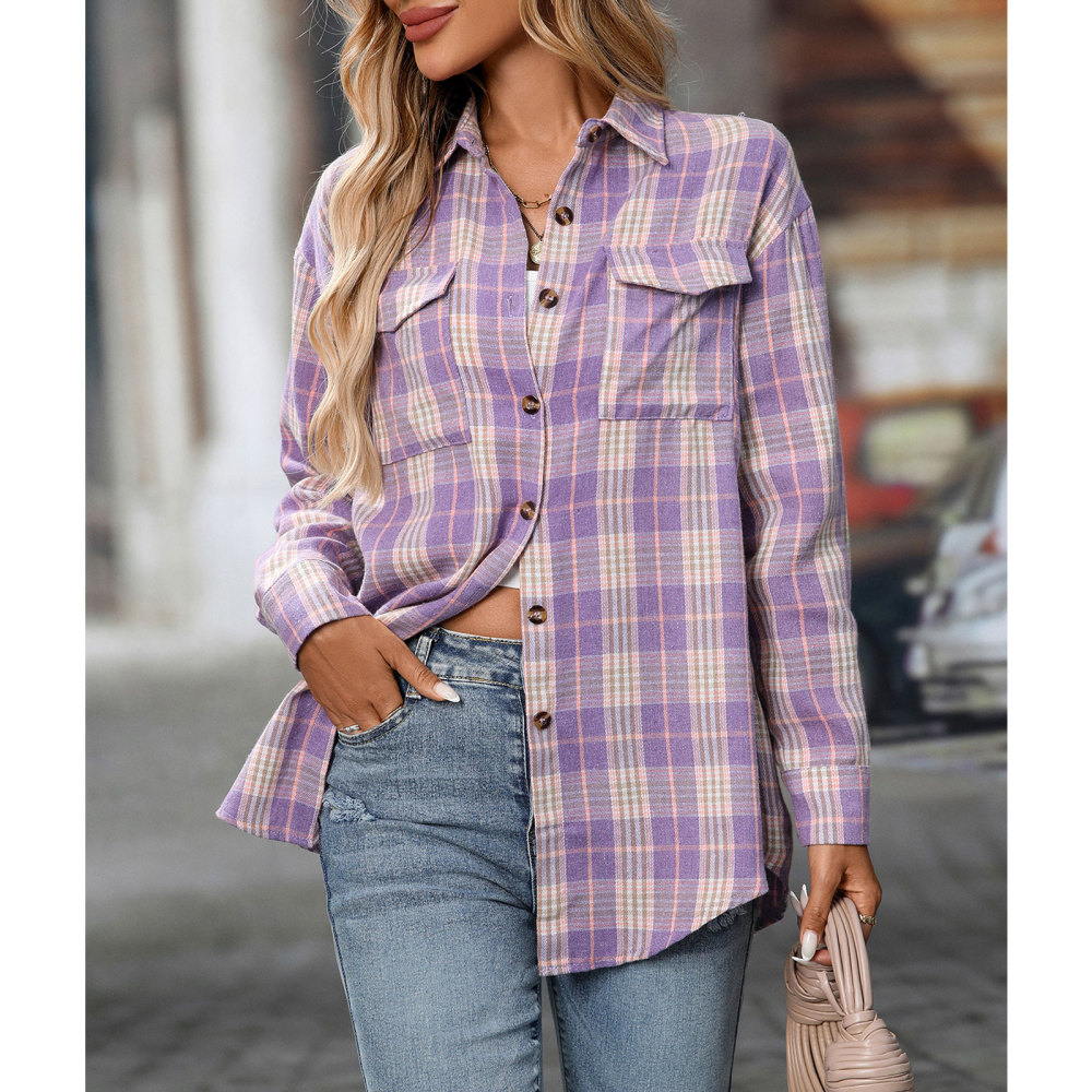 MAGIMODAC Ladies Tartan Shirts Checked Shirt Button Down Plaid Blouses Long Sleeve Check Blouse Retro Tunic Tops with Pockets Regular Fit Casual Boyfriend