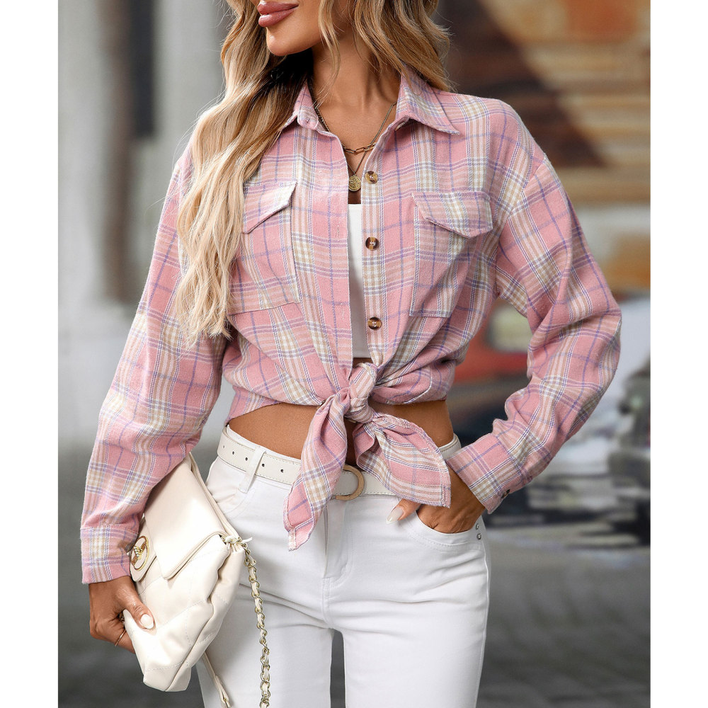 MAGIMODAC Ladies Tartan Shirts Checked Shirt Button Down Plaid Blouses Long Sleeve Check Blouse Retro Tunic Tops with Pockets Regular Fit Casual Boyfriend