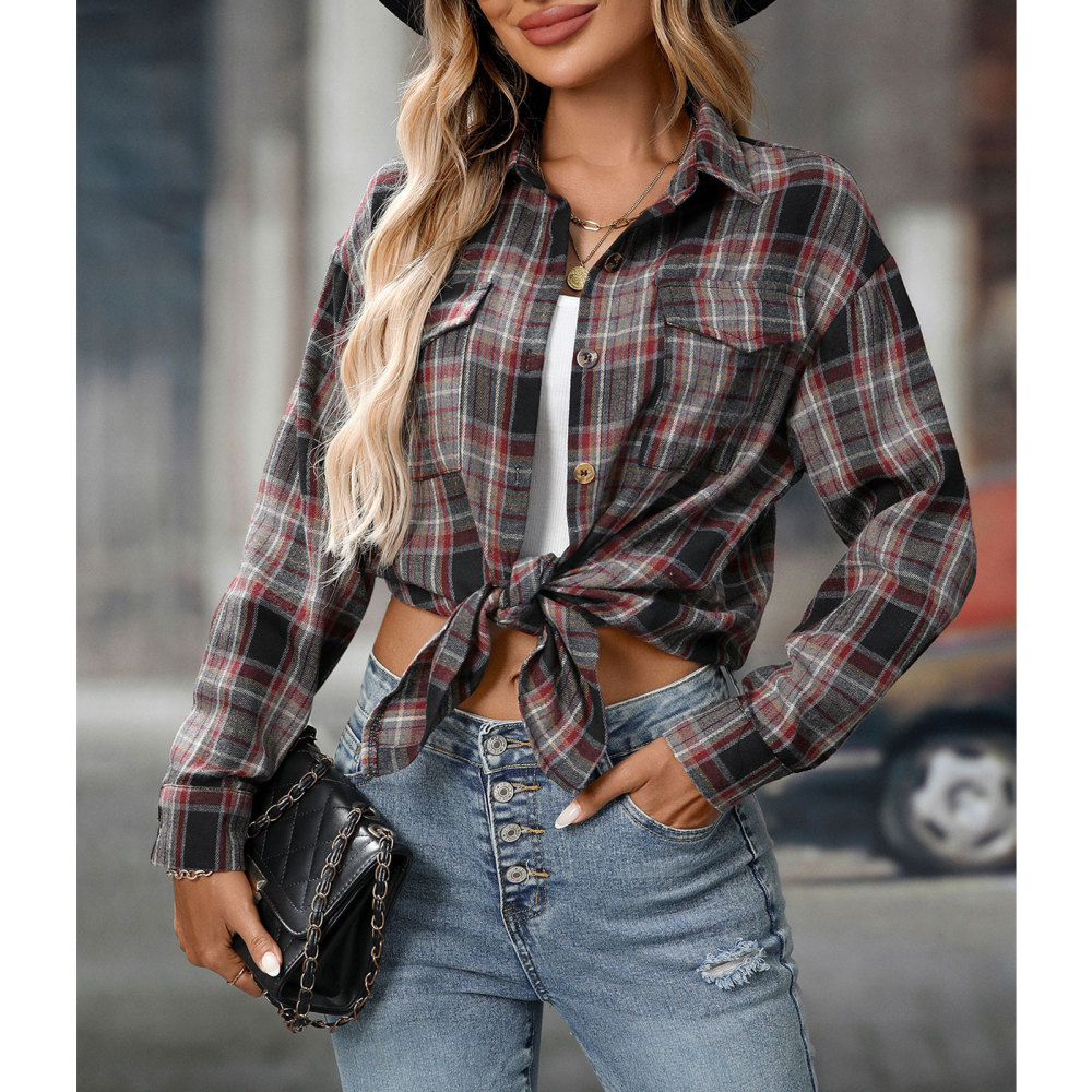 MAGIMODAC Ladies Tartan Shirts Checked Shirt Button Down Plaid Blouses Long Sleeve Check Blouse Retro Tunic Tops with Pockets Regular Fit Casual Boyfriend