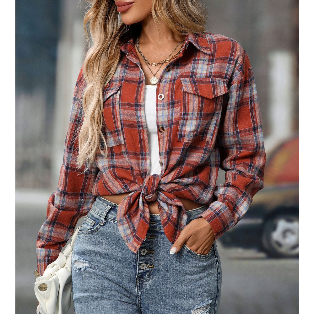 MAGIMODAC Ladies Tartan Shirts Checked Shirt Button Down Plaid Blouses Long Sleeve Check Blouse Retro Tunic Tops with Pockets Regular Fit Casual Boyfriend