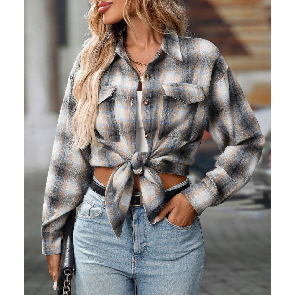 MAGIMODAC Ladies Tartan Shirts Checked Shirt Button Down Plaid Blouses Long Sleeve Check Blouse Retro Tunic Tops with Pockets Regular Fit Casual Boyfriend