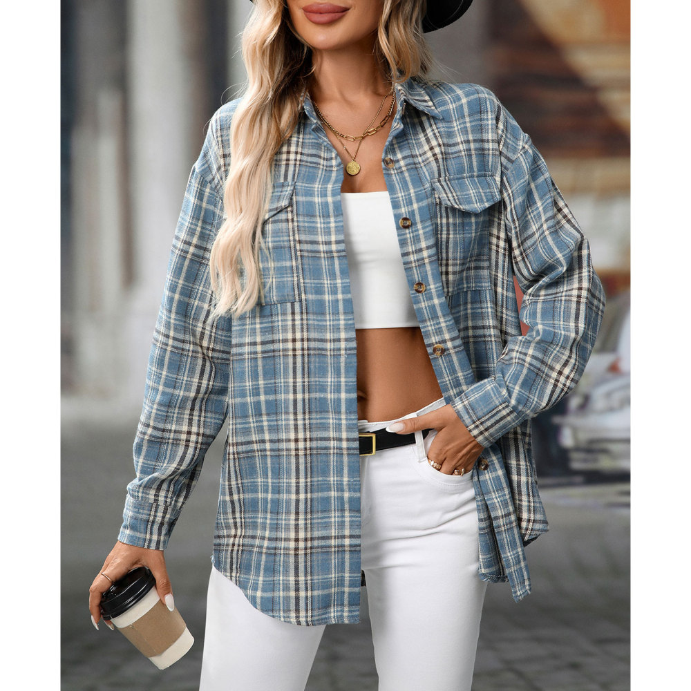 MAGIMODAC Ladies Tartan Shirts Checked Shirt Button Down Plaid Blouses Long Sleeve Check Blouse Retro Tunic Tops with Pockets Regular Fit Casual Boyfriend