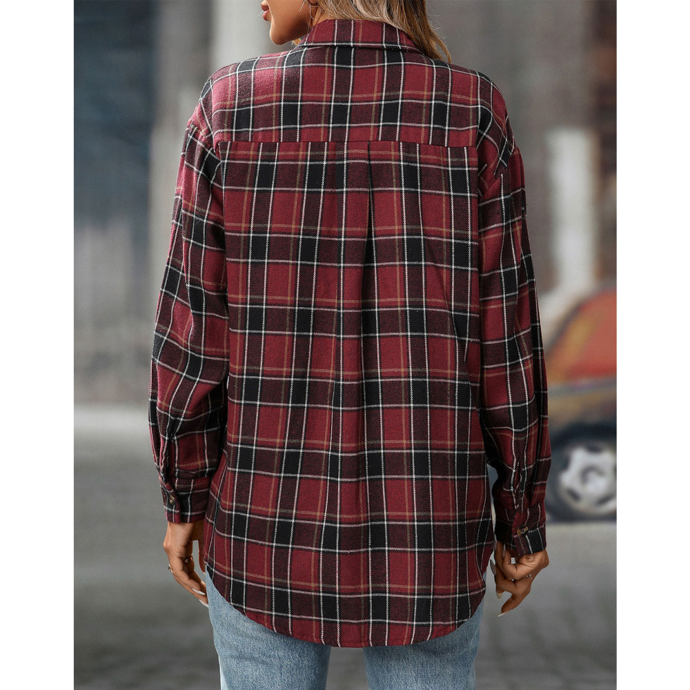 MAGIMODAC Ladies Tartan Shirts Checked Shirt Button Down Plaid Blouses Long Sleeve Check Blouse Retro Tunic Tops with Pockets Regular Fit Casual Boyfriend