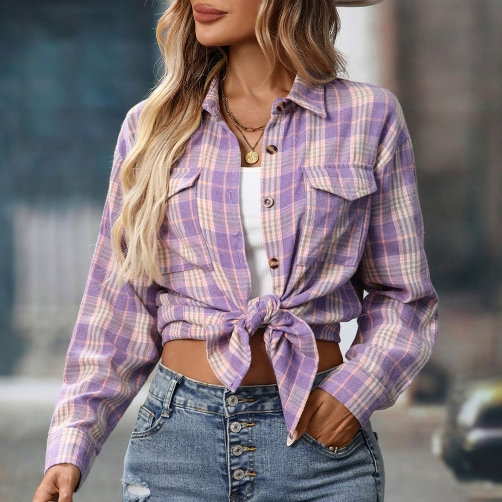 MAGIMODAC Ladies Tartan Shirts Checked Shirt Button Down Plaid Blouses Long Sleeve Check Blouse Retro Tunic Tops with Pockets Regular Fit Casual Boyfriend