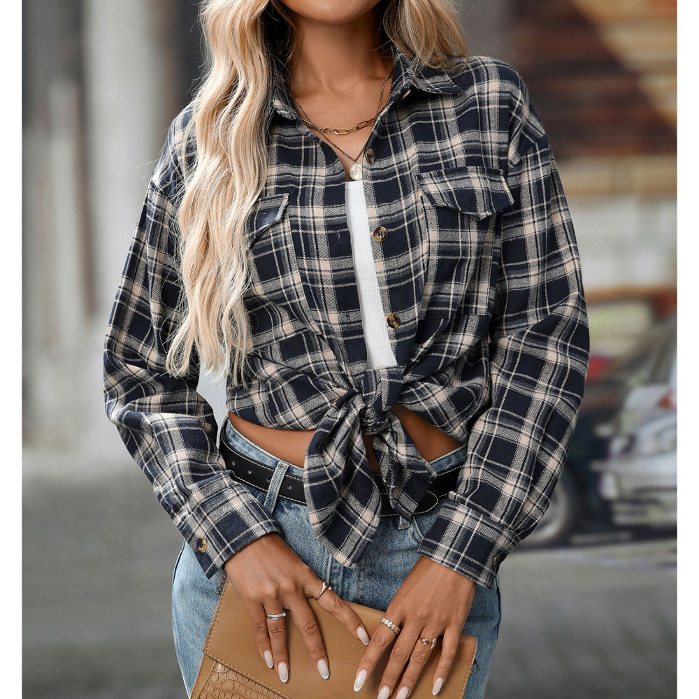 MAGIMODAC Ladies Tartan Shirts Checked Shirt Button Down Plaid Blouses Long Sleeve Check Blouse Retro Tunic Tops with Pockets Regular Fit Casual Boyfriend