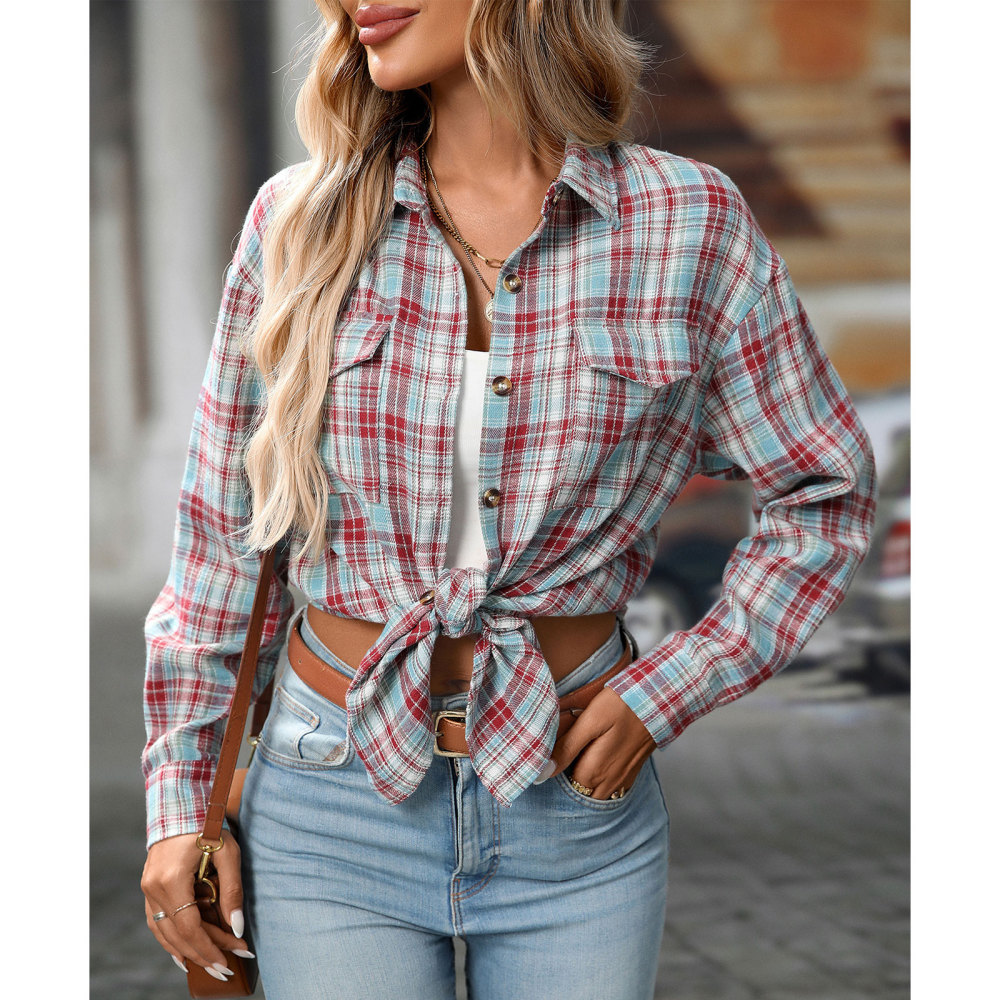 MAGIMODAC Ladies Tartan Shirts Checked Shirt Button Down Plaid Blouses Long Sleeve Check Blouse Retro Tunic Tops with Pockets Regular Fit Casual Boyfriend