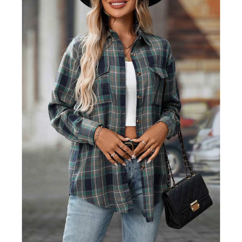 MAGIMODAC Ladies Tartan Shirts Checked Shirt Button Down Plaid Blouses Long Sleeve Check Blouse Retro Tunic Tops with Pockets Regular Fit Casual Boyfriend