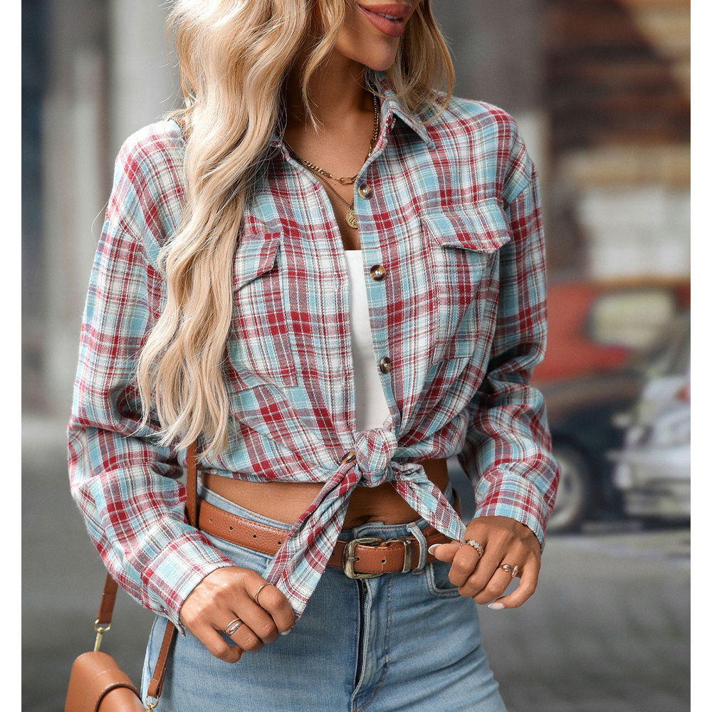 MAGIMODAC Ladies Tartan Shirts Checked Shirt Button Down Plaid Blouses Long Sleeve Check Blouse Retro Tunic Tops with Pockets Regular Fit Casual Boyfriend