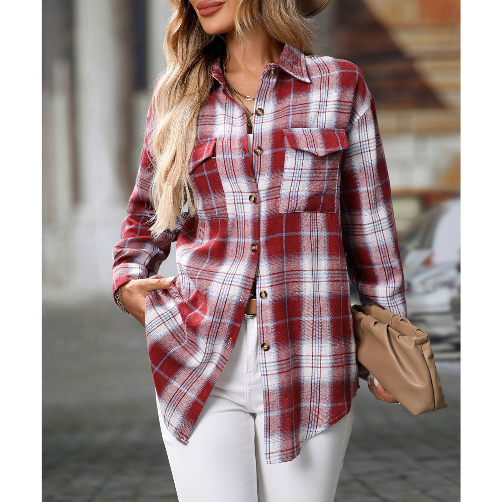 MAGIMODAC Ladies Tartan Shirts Checked Shirt Button Down Plaid Blouses Long Sleeve Check Blouse Retro Tunic Tops with Pockets Regular Fit Casual Boyfriend