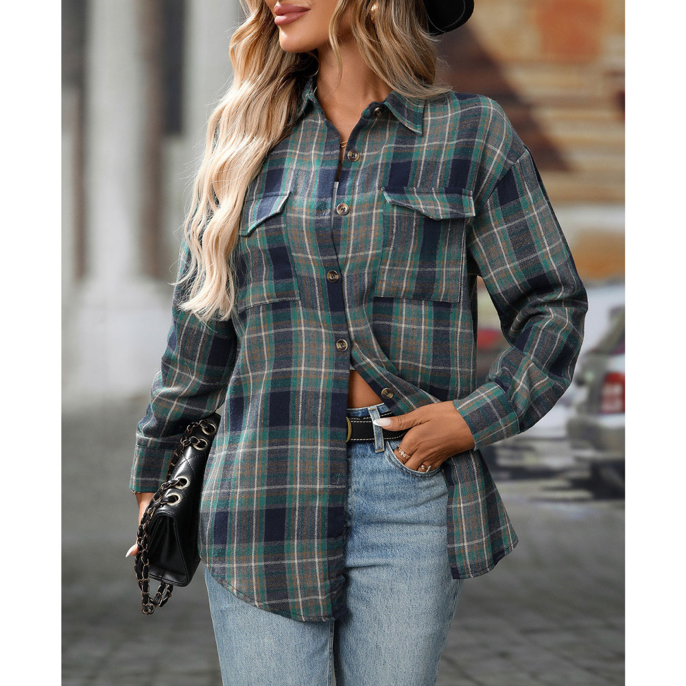 MAGIMODAC Ladies Tartan Shirts Checked Shirt Button Down Plaid Blouses Long Sleeve Check Blouse Retro Tunic Tops with Pockets Regular Fit Casual Boyfriend