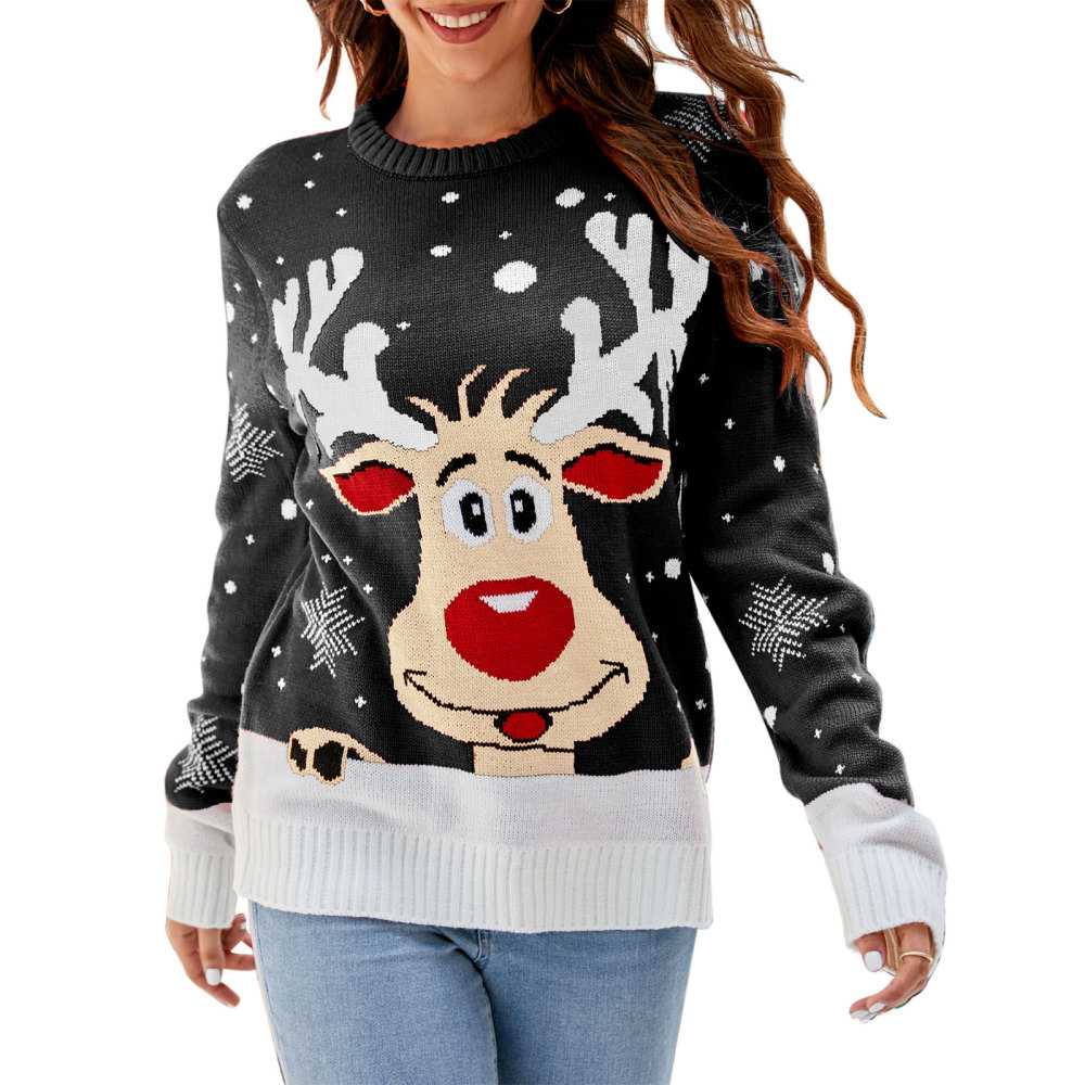 MAGIMODAC Ladies Christmas Sweaters Funny Jumper Reindeer Snowflake Sweater Classic Long Sleeve Jumpers Xmas Crew Neck Knitted Pullover Winter Slim Fit