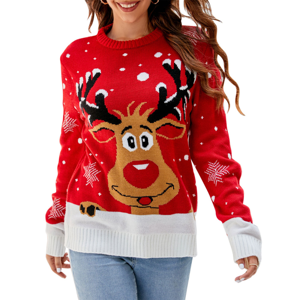 MAGIMODAC Ladies Christmas Sweaters Funny Jumper Reindeer Snowflake Sweater Classic Long Sleeve Jumpers Xmas Crew Neck Knitted Pullover Winter Slim Fit