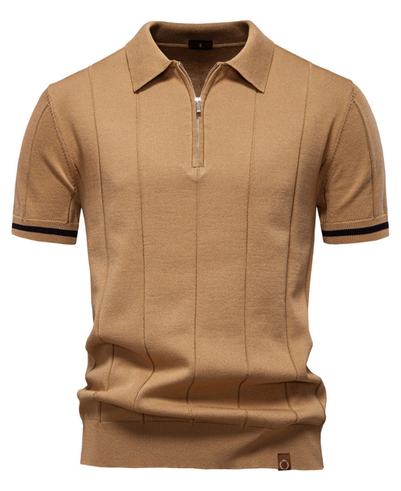 Zipper Knit Polo Shirts Men's Short Sleeve Classic T-Shirt Summer Half Zip Poloshirt Solid Color Tee Shirts