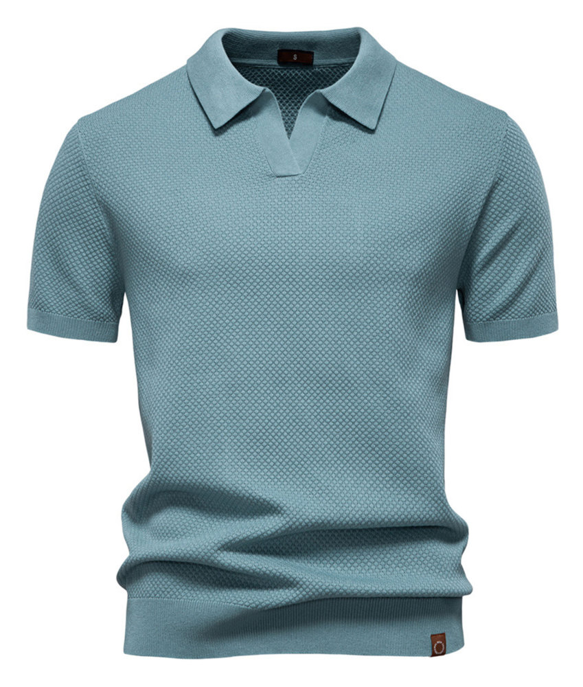 Mens Knit Polo Summer Shirts Short Sleeve T-Shirt Stylish V Neck Buttonless Tshirt Lightweight Knitted Shirts