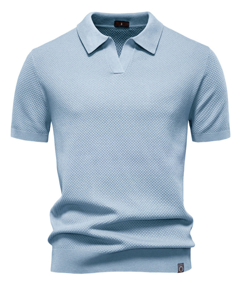 Mens Knit Polo Summer Shirts Short Sleeve T-Shirt Stylish V Neck Buttonless Tshirt Lightweight Knitted Shirts
