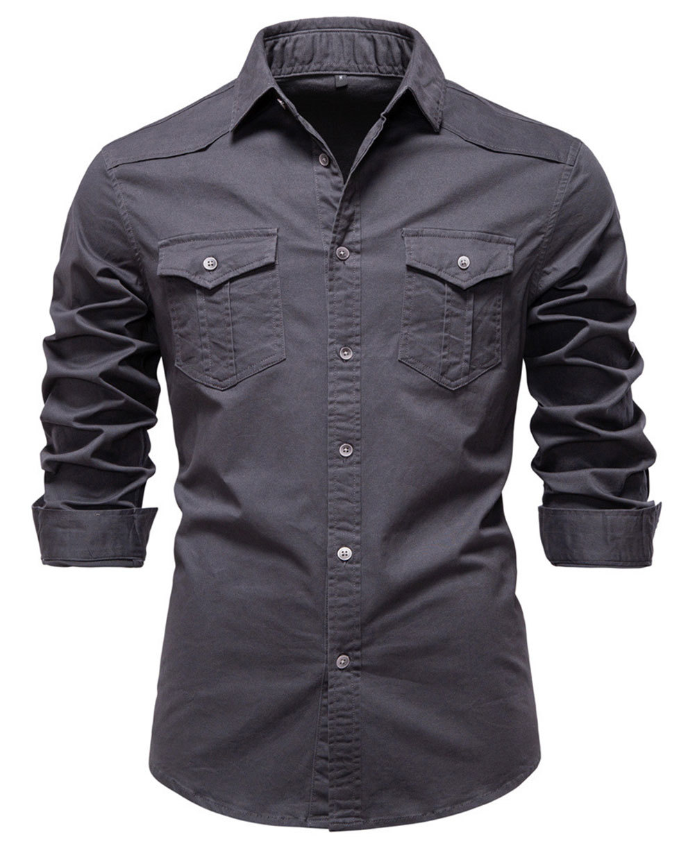 Mens Denim Long Sleeve Shirts Casual Button Down Western Shirt Lightweight Cotton Solid Jean Tops with Pockets