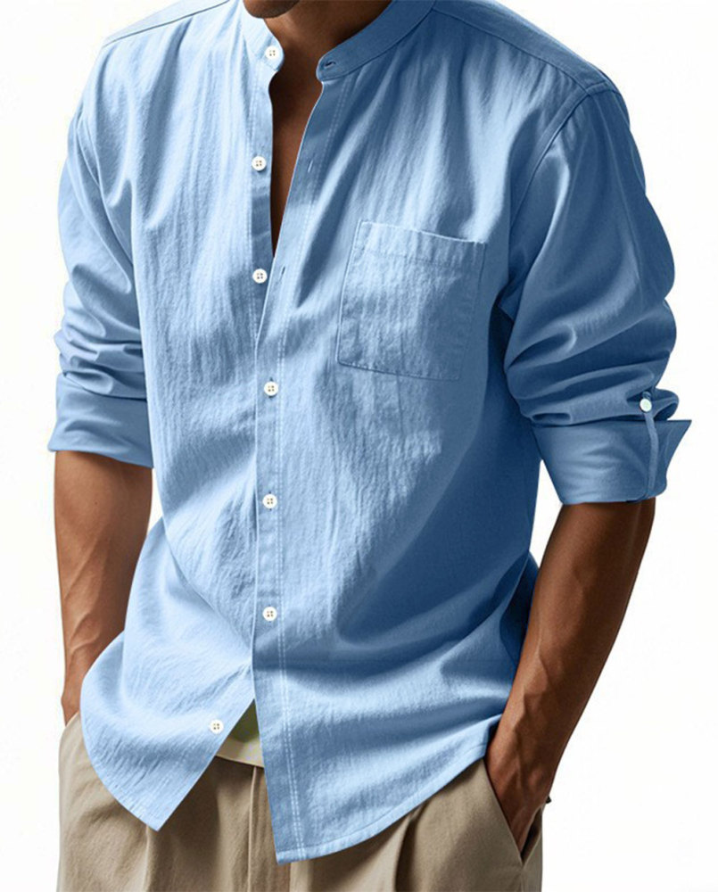 MAGIMODAC Mens Button Down Linen Shirts Casual Long Sleeve Band Collar Shirt Regular Fit Solid Plain Top with Pocket
