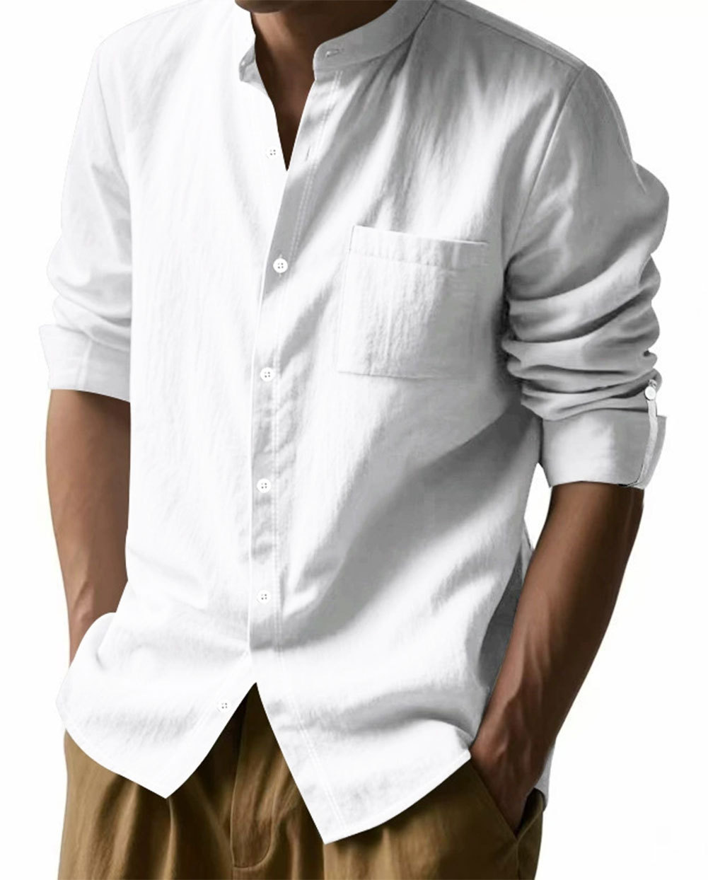 MAGIMODAC Mens Button Down Linen Shirts Casual Long Sleeve Band Collar Shirt Regular Fit Solid Plain Top with Pocket